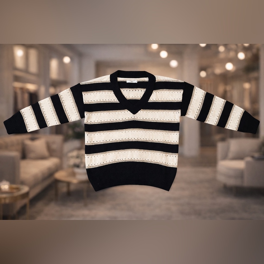 Elegant Black and Cream Striped V-Neck Sweater